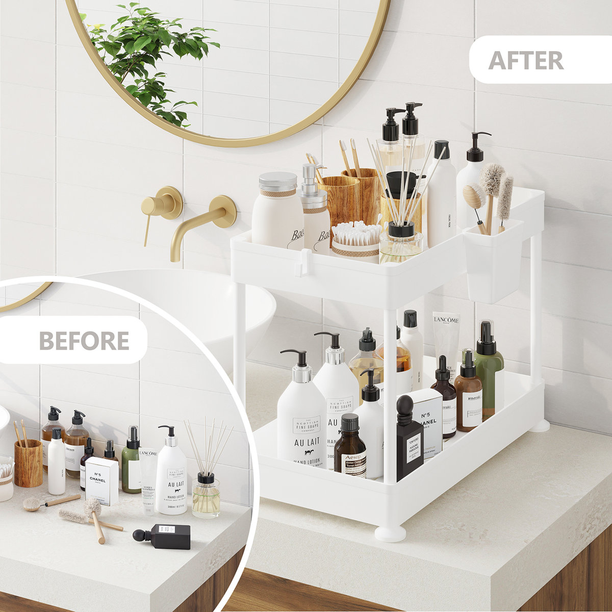 StorageBud Non-Slip Grip Kitchen Under Sink Organizer - Bathroom Cabinet Organizer with Side Caddy (Set of 2)